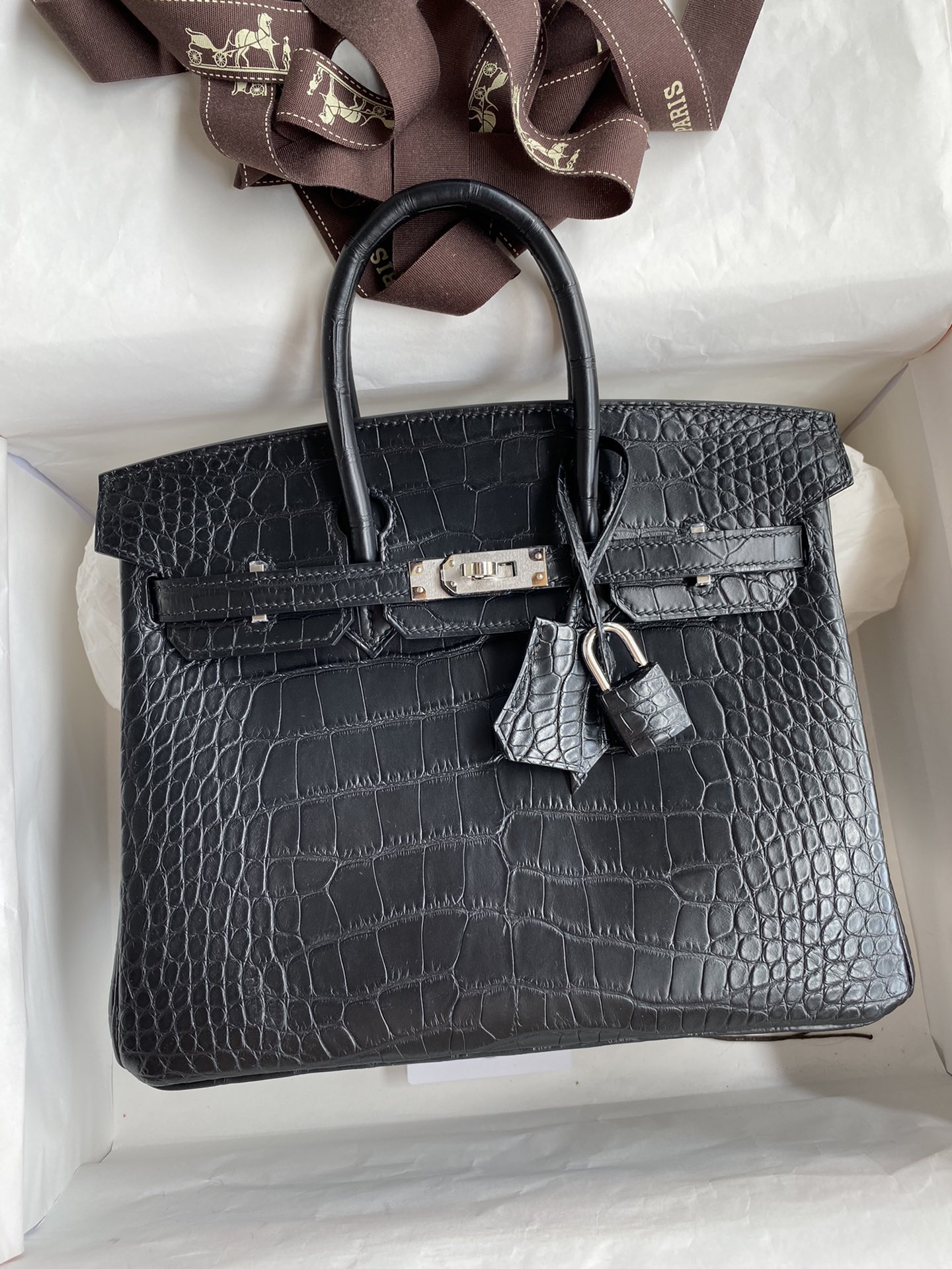 Hermes Birkin 25CM Handmade Bag In Black Matte Alligator Leather